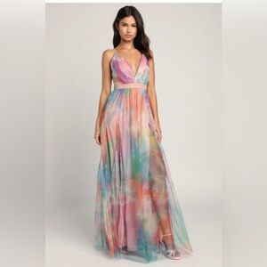 Elegant Moment Multi Watercolor Tie-Dye Backless Maxi Dress M NWT